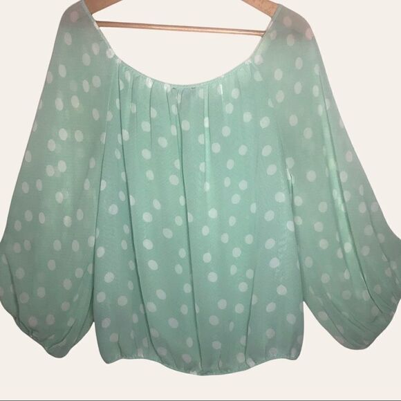 VINCE CAMUTO BLOUSE, Sea Foam Green, White Polka Dots S - Picture 2 of 4